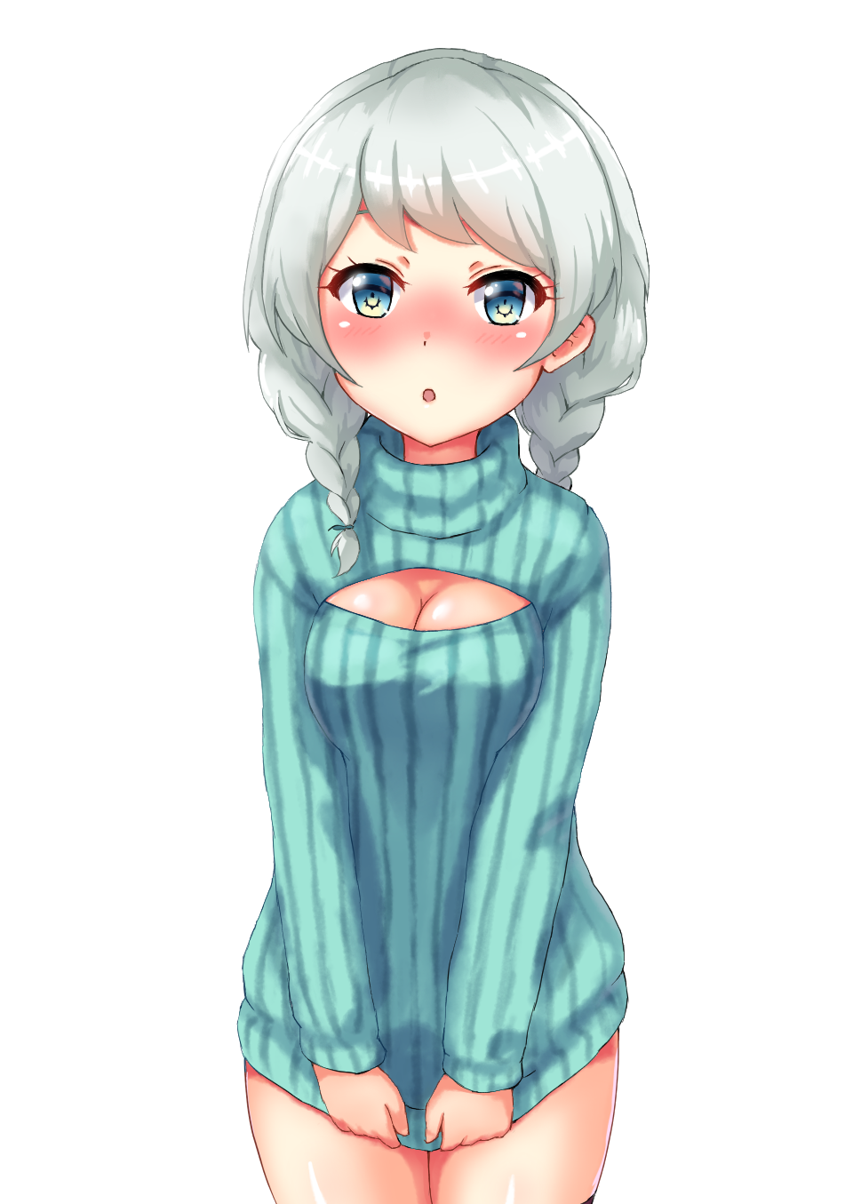 :o alternate_costume bang_dream! blue_eyes blush braid breasts cleavage clothes_tug cowboy_shot highres long_sleeves looking_at_viewer medium_breasts meme_attire no_pants open-chest_sweater otearaisu ribbed_sweater short_hair silver_hair simple_background solo sweater sweater_tug turtleneck turtleneck_sweater twin_braids wakamiya_eve white_background
