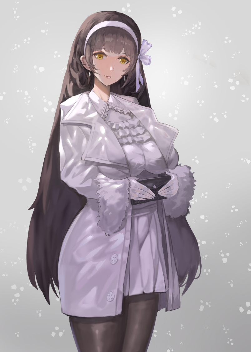 alternate_costume bangs black_hair black_legwear blunt_bangs blush breasts casual coat commentary_request dress earrings flower fur-trimmed_coat fur_trim girls_frontline gloves hair_flower hair_ornament hairband head_tilt holding_purse jewelry large_breasts legs_together long_hair looking_at_viewer pantyhose parted_lips qbz-95_(girls_frontline) riko_(ccllnnhh) sleeves_past_wrists smile snow snowing solo standing very_long_hair white_coat white_dress white_gloves white_hairband winter_clothes yellow_eyes