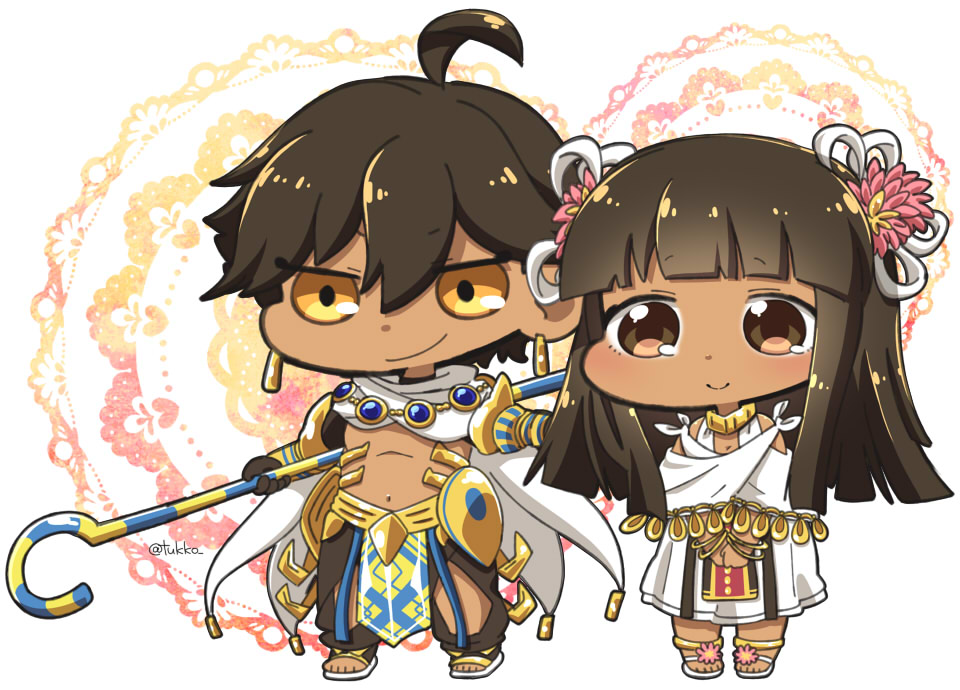 1girl ahoge bangs black_gloves black_pants blunt_bangs bracelet brown_eyes brown_hair cape closed_mouth dark_skin dark_skinned_male dress earrings egyptian egyptian_clothes eyebrows eyebrows_visible_through_hair fate/prototype fate/prototype:_fragments_of_blue_and_silver fate_(series) flower gem gloves hair_flower hair_ornament holding holding_staff jewelry legs_apart long_hair midriff navel nefertari_(fate/prototype_fragments) orange_eyes outstretched_arm ozymandias_(fate) pants pink_flower sandals short_hair smile solo_focus staff standing stomach straight_hair tsukko_(3ki2ne10) twitter_username v-shaped_eyebrows v_arms white_cape white_dress