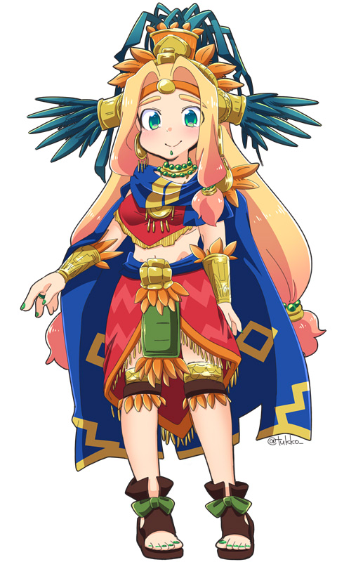 arm_at_side aztec bead_necklace beads blonde_hair blue_cape bracer breasts brown_footwear cape chin_piercing commentary_request earrings eyebrows eyebrows_visible_through_hair eyes_visible_through_hair fate/grand_order fate_(series) feathers fingernails full_body green_eyes green_nails hair_beads hair_intakes hair_ornament headband headdress jewelry large_breasts legs_apart loincloth long_hair low-tied_long_hair miniskirt nail_polish navel neck_ring necklace piercing poncho quetzalcoatl_(fate/grand_order) red_skirt sandals simple_background skirt solo standing stomach toenail_polish toenails tsukko_(3ki2ne10) very_long_hair white_background