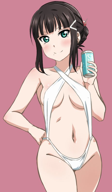 aqua_eyes bangs black_hair breasts can collarbone commentary_request cowboy_shot criss-cross_halter hair_ornament hair_stick hair_up hairclip halterneck hand_on_hip holding holding_can kurosawa_dia love_live! love_live!_sunshine!! maroon_background mole mole_under_mouth navel sidelocks slingshot_swimsuit small_breasts smile solo swimsuit turkey_min white_swimsuit