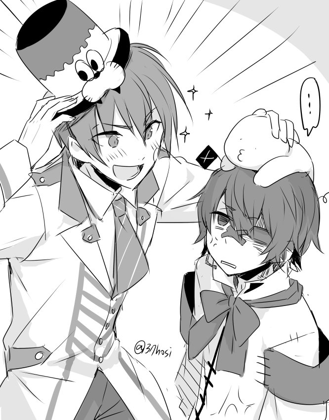 2boys armband arsloid bandage_on_face color_connection commentary_request fukase greyscale hair_over_one_eye hat head_flag male_focus mizuhoshi_taichi monochrome multiple_boys point_(vocaloid) smile sparkle spoken_ellipsis top_hat vocaloid