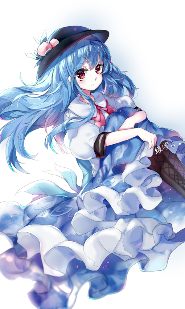 artist_name black_hat blue_hair blush boots bow brown_footwear closed_mouth dated eyebrows_visible_through_hair food fruit hat hinanawi_tenshi knee_boots ling_mou long_hair looking_at_viewer peach puffy_short_sleeves puffy_sleeves red_bow red_eyes short_sleeves solo touhou very_long_hair