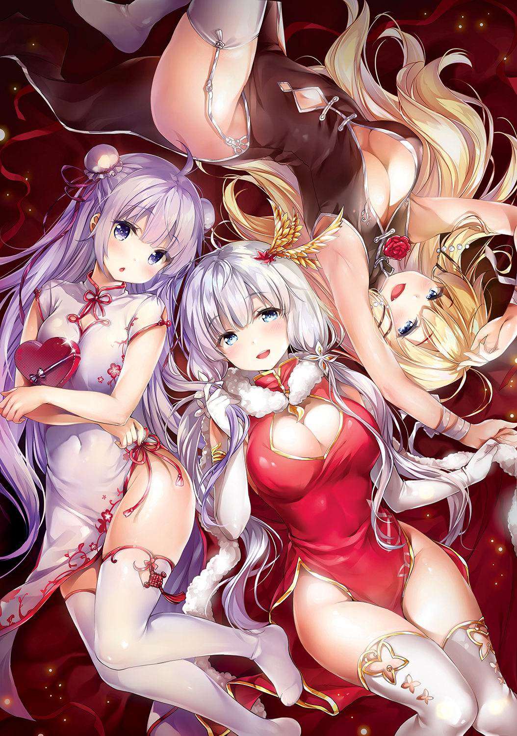 :d :o ahoge armpits arms_up azur_lane bangs black_dress blonde_hair blue_eyes blush box breasts bun_cover chestnut_mouth china_dress chinese_clothes chiyingzai cleavage cleavage_cutout commentary_request covered_navel double_bun dress elbow_gloves eyebrows_visible_through_hair fang flower fur_trim garter_straps gloves hair_ornament hair_ribbon heart-shaped_box highres illustrious_(azur_lane) large_breasts long_hair looking_at_viewer low_twintails multiple_girls navel navel_cutout no_panties no_shoes open_mouth purple_eyes purple_hair purple_ribbon red_dress revision ribbon rose side_bun small_breasts smile thighhighs twintails unicorn_(azur_lane) very_long_hair victorious_(azur_lane) white_dress white_gloves white_hair white_legwear white_ribbon wrist_ribbon