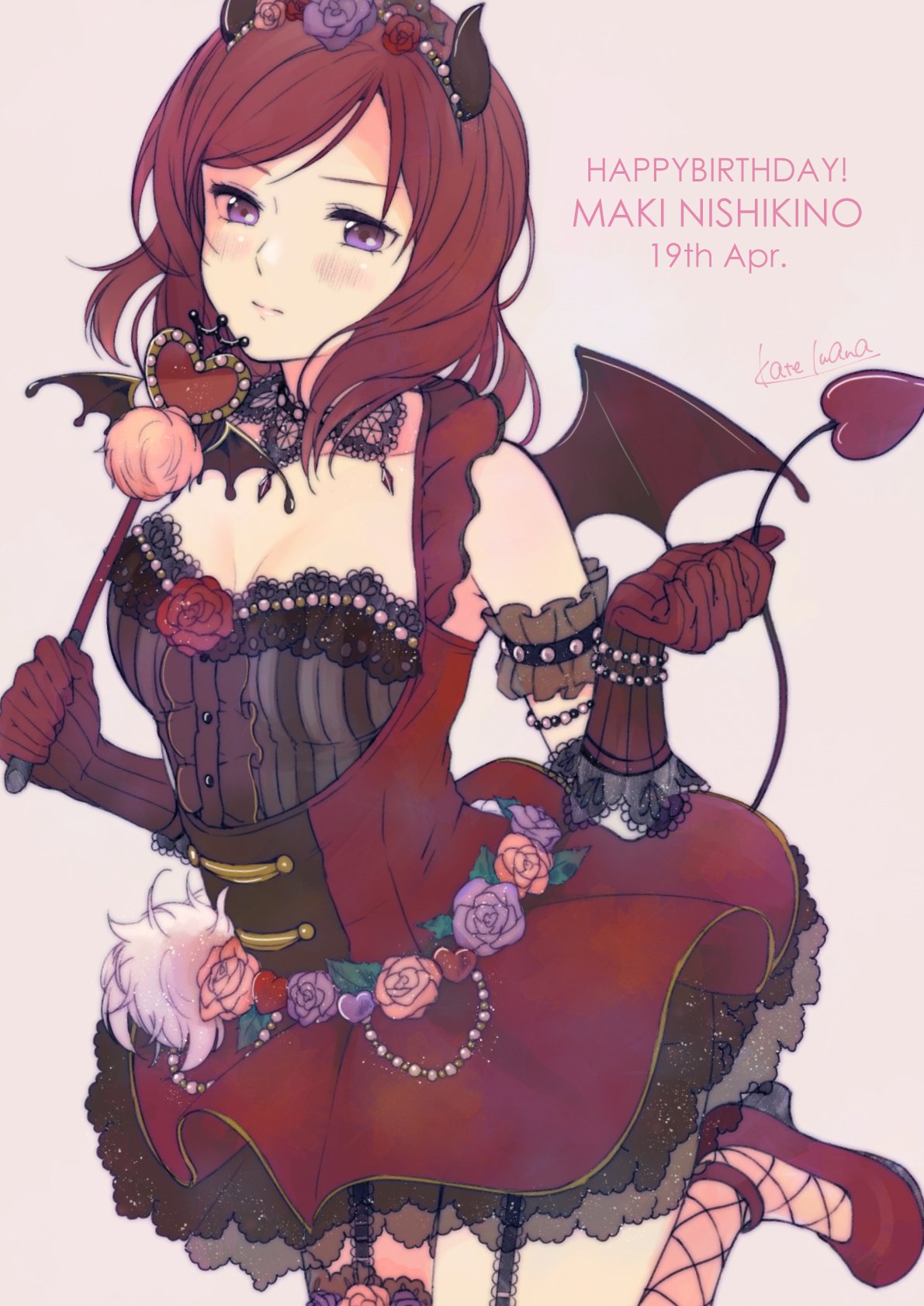 armband bare_shoulders blush bracelet breasts cleavage cleavage_cutout commentary_request dress fishnets flower frills fur gloves hair_ornament hairband happy_birthday heart highres holding holding_wand idol jewelry kate_iwana lace love_live! love_live!_school_idol_project medium_breasts necklace nishikino_maki purple_eyes red_dress red_footwear red_hair short_hair skirt sleeveless sleeveless_dress wand wings