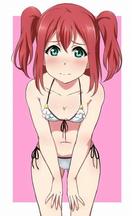aqua_eyes bangs bikini blush breasts collarbone commentary_request embarrassed frilled_bikini frills front-tie_bikini front-tie_top hands_on_own_thighs kurosawa_ruby leaning_forward looking_at_viewer love_live! love_live!_sunshine!! navel red_hair side-tie_bikini small_breasts solo swimsuit turkey_min two_side_up white_bikini