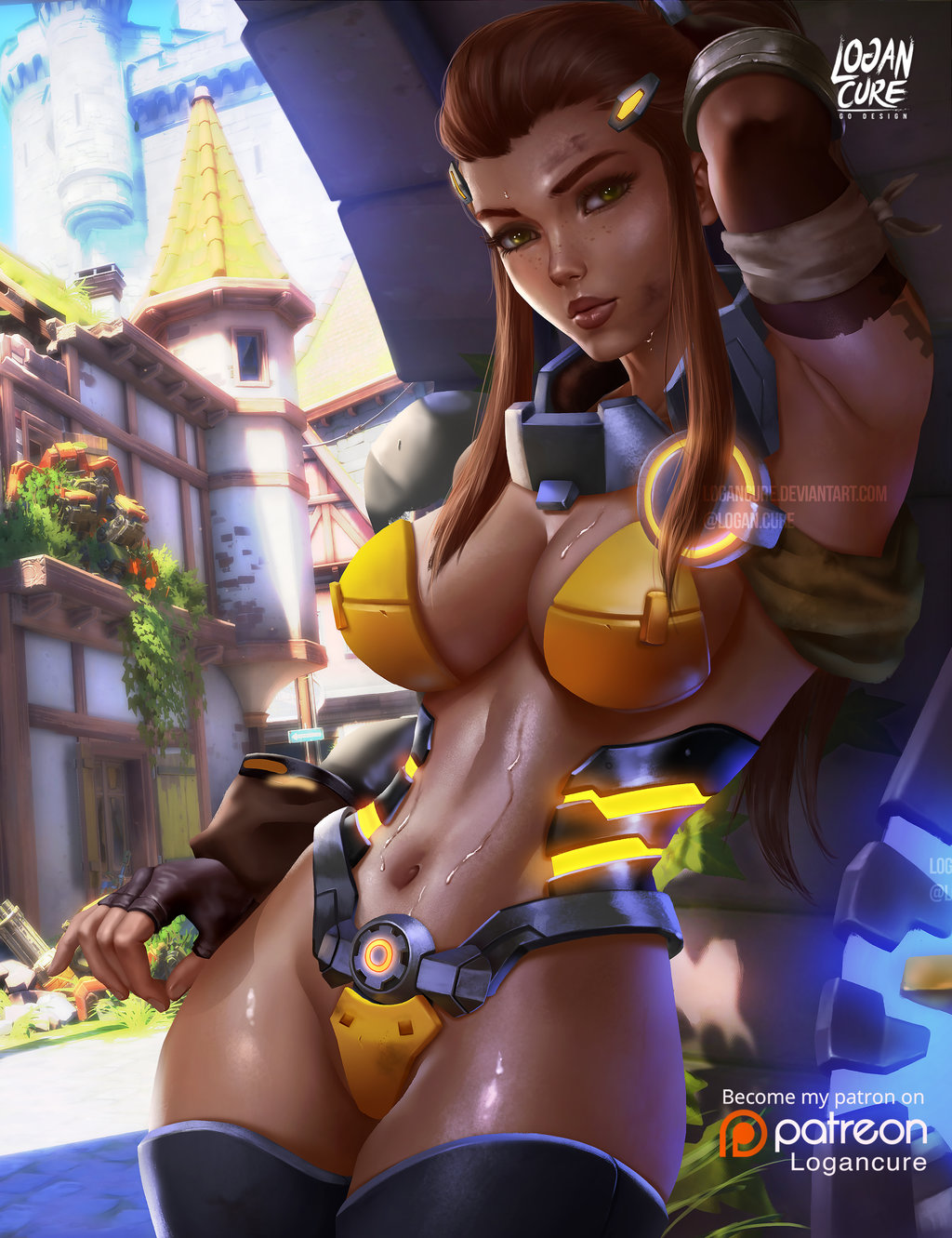 1girl against_wall alternate_costume armor artist_name bandage bandaged_arm bikini bikini_armor blue_sky boots breasts brigitte_(overwatch) brown_hair castle cleavage collarbone cowboy_shot day detached_collar dirty_face dripping elbow_gloves elbow_sleeve erect_nipples fingerless_gloves freckles gloves glowing green_eyes hair_ornament highres hot ivy large_breasts lips logan_cure long_hair looking_at_viewer navel nose outdoors overwatch patreon_logo ponytail revealing_clothes shiny shiny_skin shoulder_armor shoulder_tattoo sideboob sidelocks sky sleeveless solo sweat swimsuit tattoo thigh_boots thighhighs underboob watermark yellow_bikini