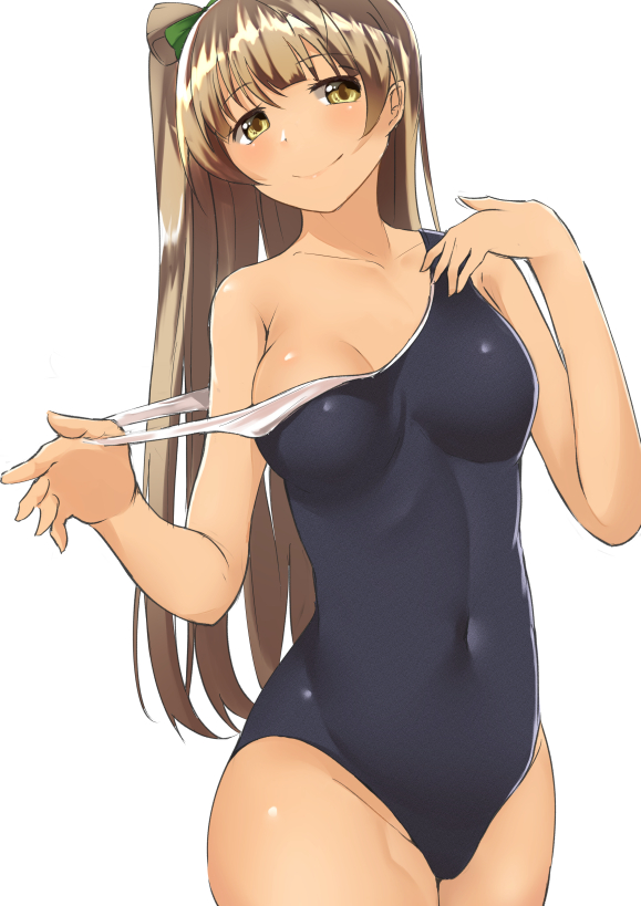 bangs blush breasts brown_eyes brown_hair cleavage covered_navel cowboy_shot long_hair looking_at_viewer love_live! love_live!_school_idol_project medium_breasts minami_kotori nanasumin off_shoulder one-piece_swimsuit one_side_up school_swimsuit simple_background smile solo strap_pull swimsuit very_long_hair white_background