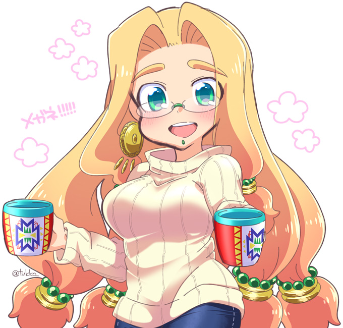 :d aztec beads bespectacled blonde_hair blue_pants blush breasts chin_piercing cup denim earrings eyebrows eyebrows_visible_through_hair eyes_visible_through_hair fate/grand_order fate_(series) glasses green_eyes hair_beads hair_intakes hair_ornament holding holding_cup jeans jewelry large_breasts long_hair long_sleeves looking_at_viewer low-tied_long_hair open_mouth pants piercing quetzalcoatl_(fate/grand_order) ribbed_sweater rimless_eyewear smile solo sweater teeth tsukko_(3ki2ne10) turtleneck turtleneck_sweater twitter_username very_long_hair white_sweater