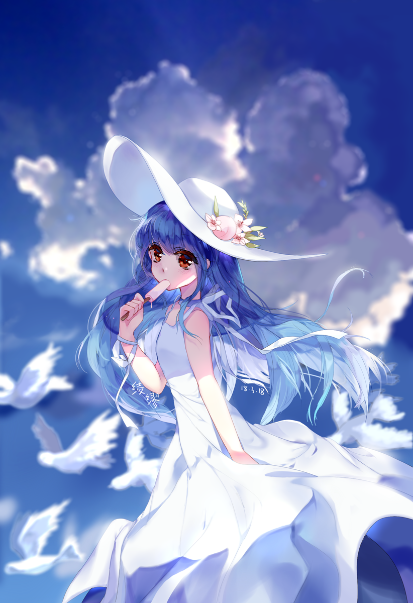 alternate_costume alternate_headwear artist_name blue_hair blush cloud cloudy_sky dated day dress eyebrows_visible_through_hair food fruit hat highres hinanawi_tenshi ling_mou long_hair looking_at_viewer outdoors peach popsicle red_eyes sky solo sun_hat sundress touhou very_long_hair white_dress white_hat
