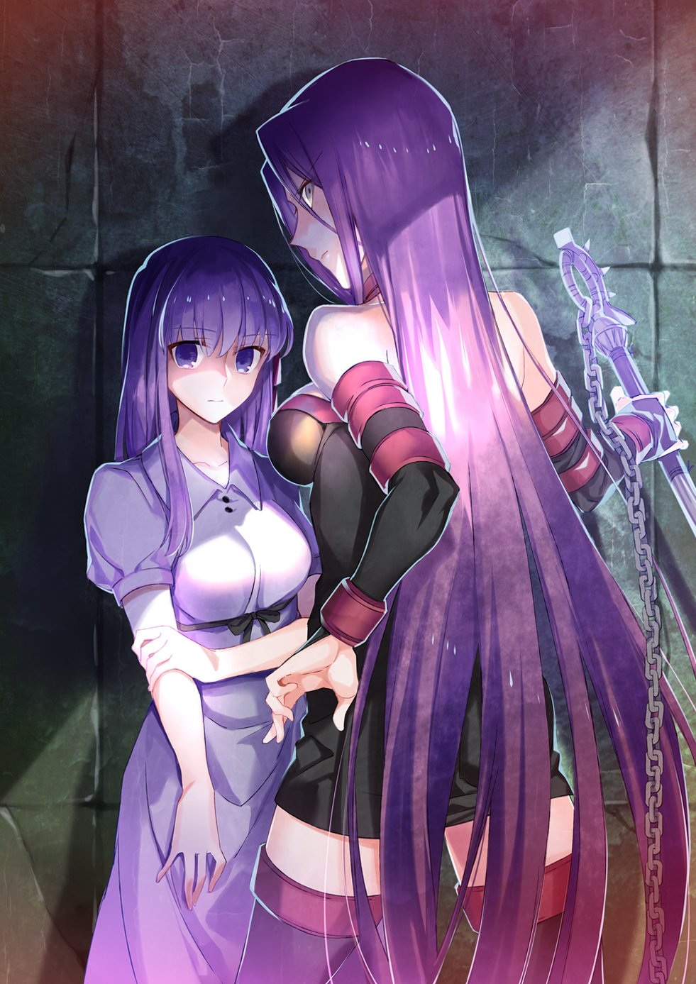 bare_shoulders chain commentary_request dress eyebrows_visible_through_hair fate/stay_night fate_(series) grey_eyes hair_between_eyes highres holding holding_weapon long_hair looking_at_viewer matou_sakura multiple_girls nameless_dagger purple_eyes purple_hair rider very_long_hair wall weapon ycco_(estrella)