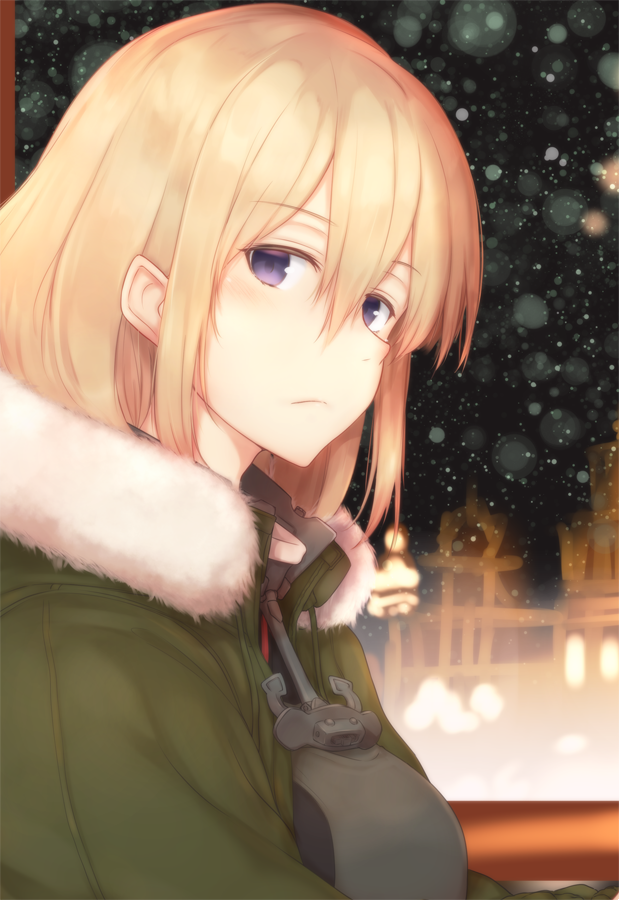 anchor_symbol bangs bismarck_(kantai_collection) blonde_hair blue_eyes blush breastplate breasts city_lights cityscape closed_mouth coat commentary_request eyebrows_visible_through_hair from_side fur-trimmed_coat fur_trim green_coat hair_between_eyes indoors kantai_collection large_breasts long_hair looking_at_viewer military military_uniform night night_sky osterei sidelocks sky snow snowing solo uniform upper_body window
