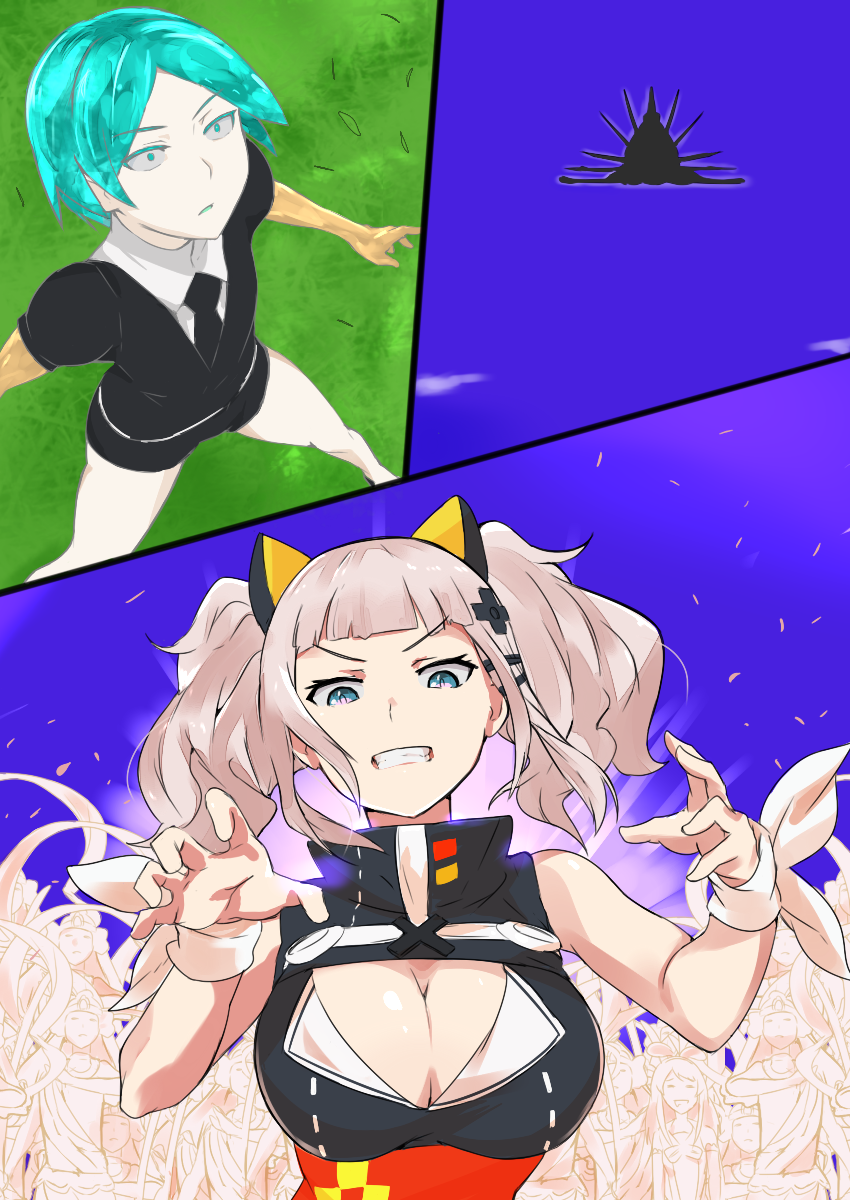1other a.i._channel androgynous aqua_eyes aqua_hair bangs black_dress black_neckwear blue_eyes blunt_bangs breasts cafekun claw_pose cleavage_cutout clenched_teeth commentary constricted_pupils crossover crystal_hair dress gem_uniform_(houseki_no_kuni) golden_arms grass hair_ornament highres houseki_no_kuni kaguya_luna kaguya_luna_(character) kizuna_ai large_breasts lavender_hair multiple_crossover namesake necktie obi phosphophyllite pun ribbon sash short_shorts short_sleeves shorts sleeveless sleeveless_dress teeth translation_request tsuki_jin twintails virtual_youtuber when_you_see_it wrist_ribbon x_hair_ornament