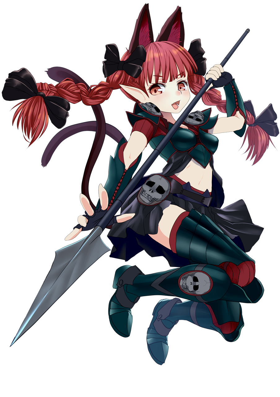 adapted_costume animal_ears armor armored_boots bangs black_bow black_gloves blunt_bangs boots bow braid breasts cat_ears cat_tail extra_ears fingerless_gloves full_body gloves green_footwear hair_bow highres holding holding_spear holding_weapon ishikkoro kaenbyou_rin long_hair looking_at_viewer medium_breasts midriff multiple_tails open_mouth pointy_ears polearm red_eyes red_hair shoulder_armor simple_background skull solo spaulders spear tail touhou twin_braids two_tails weapon white_background