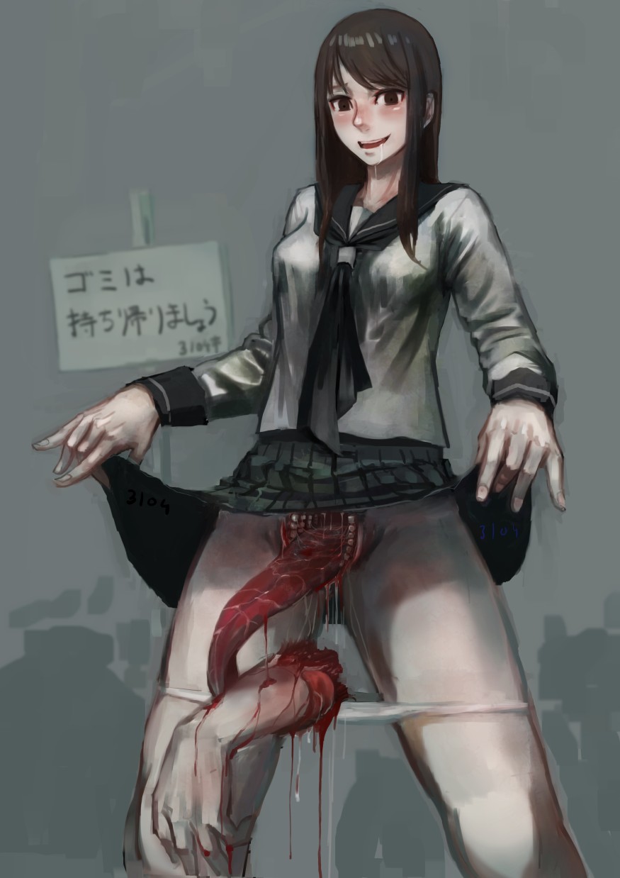 5_fingers blood blush breasts brown_eyes brown_hair clothed clothing clothing_lift doa3104 drooling female gore grin hair humanoid japanese_text long_tongue looking_at_viewer monster nightmare_fuel not_furry open_mouth panties panties_down pussy saliva school_uniform severed_arm severed_limb sign skirt skirt_lift smile solo standing teeth text tongue translation_request underwear underwear_down uniform upskirt vagina_dentata