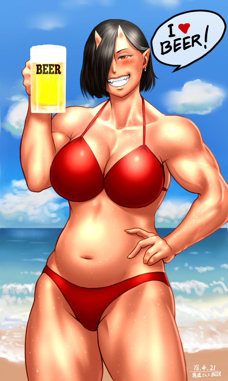 alcohol beach beer beer_mug belly bikini black_hair blush breasts cleavage commentary_request day drunk earrings elf-san_wa_yaserarenai. english fangs grin hair_over_one_eye hand_on_hip highres jewelry large_breasts muscle muscular_female navel ocean oga-san oni oni_horns pink_skin pointy_ears red_bikini red_eyes short_hair smile solo speech_bubble standing stomach sweat swimsuit taikyokuturugi thick_thighs thighs