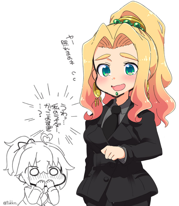 :d ahoge alternate_hairstyle artoria_pendragon_(all) beads black_jacket black_neckwear black_pants blonde_hair blush chin_piercing collared_shirt cosplay covering_mouth earrings expressive_hair fate/grand_order fate/zero fate_(series) formal fujimaru_ritsuka_(female) green_eyes grey_shirt hair_beads hair_intakes hair_ornament hair_up heart high_ponytail jacket jewelry long_hair long_sleeves multiple_girls necktie nose_blush open_mouth pant_suit pants piercing quetzalcoatl_(fate/grand_order) saber saber_(cosplay) shirt simple_background smile solo_focus suit translation_request tsukko_(3ki2ne10) twitter_username white_background