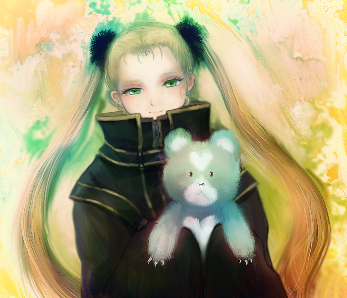 abstract_background aoki_hagane_no_arpeggio black_coat blonde_hair claws closed_mouth commentary_request eyelashes fur-trimmed_hair_tie gold_trim green_eyes haruna_(aoki_hagane_no_arpeggio) high_collar holding holding_stuffed_animal katari long_hair looking_at_viewer ringlets sleeves_past_wrists smile stuffed_animal stuffed_toy teddy_bear twintails very_long_hair yotarou_(aoki_hagane_no_arpeggio) zipper