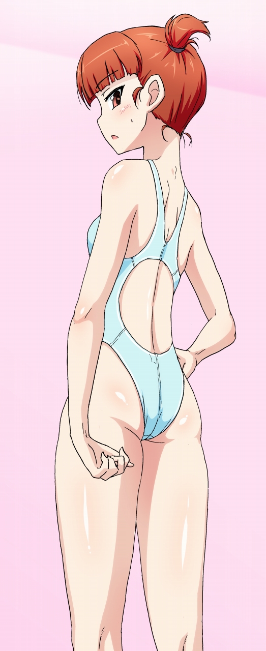 ass blush breasts brown_eyes brown_hair competition_swimsuit girls_und_panzer highleg highleg_swimsuit highres looking_back mikko_(girls_und_panzer) muchabou one-piece_swimsuit pink_background simple_background small_breasts solo swimsuit white_swimsuit