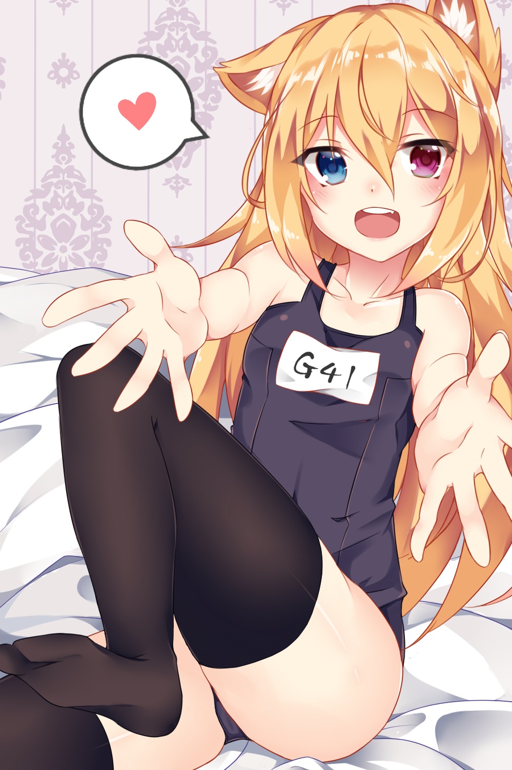 :d ai_cao animal_ears bangs bare_arms bare_shoulders bed_sheet black_legwear blonde_hair blue_eyes blush cat_ears character_name child collarbone commentary eyebrows_visible_through_hair g41_(girls_frontline) girls_frontline hair_between_eyes heart heterochromia highres long_hair looking_at_viewer name_tag no_shoes old_school_swimsuit one-piece_swimsuit open_mouth outstretched_arms purple_eyes school_swimsuit sitting smile soles solo spoken_heart swimsuit thighhighs upper_teeth very_long_hair