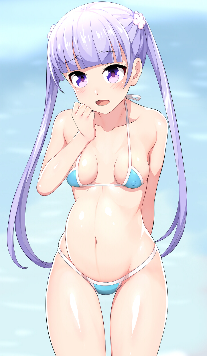 1girl bare_arms bare_legs bare_shoulders bikini blue_bikini blush breasts collarbone cowboy_shot embarrassed erect_nipples eyebrows eyebrows_visible_through_hair highres hips legs long_hair looking_at_viewer matching_hair/eyes mound_of_venus new_game! open_mouth purple_eyes purple_hair shin'ya_(shin'yanchi) shy simple_background small_breasts solo standing suzukaze_aoba swimsuit thigh_gap thighs twintails