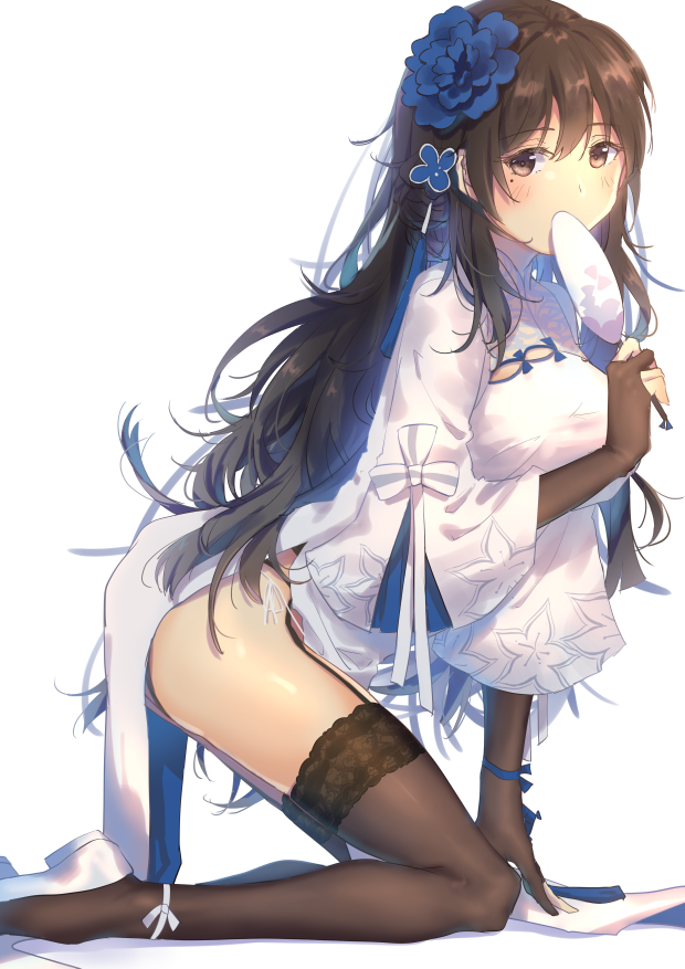 alternate_costume arm_support ass bangs black_hair blue_ribbon blush breasts bridal_gauntlets brown_gloves brown_legwear china_dress chinese_clothes commentary_request covered_mouth dress eyebrows_visible_through_hair fan flower garter_straps girls_frontline gloves hair_between_eyes hair_flower hair_ornament hairband holding holding_fan katee kneeling lace lace-trimmed_thighhighs large_breasts leaning_forward leg_ribbon long_hair looking_at_viewer messy_hair mole mole_under_eye panties paper_fan pelvic_curtain pumps qbz-95_(girls_frontline) ribbon side-tie_panties sidelocks simple_background solo thighhighs thighs uchiwa underwear very_long_hair white_background white_footwear white_panties white_ribbon wide_sleeves wrist_ribbon yellow_eyes