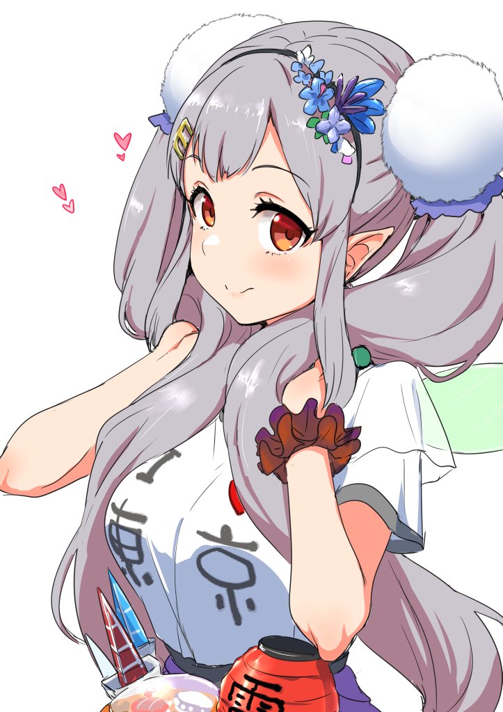 blue_flower blush clearite closed_mouth clothes_writing elf elu_(nijisanji) fairy_wings flower green_wings hair_flower hair_ornament hairband hairclip heart i_heart... lantern long_hair looking_at_viewer nijisanji paper_lantern pointy_ears red_eyes scrunchie see-through short_sleeves smile solo twintails very_long_hair virtual_youtuber wings wrist_scrunchie