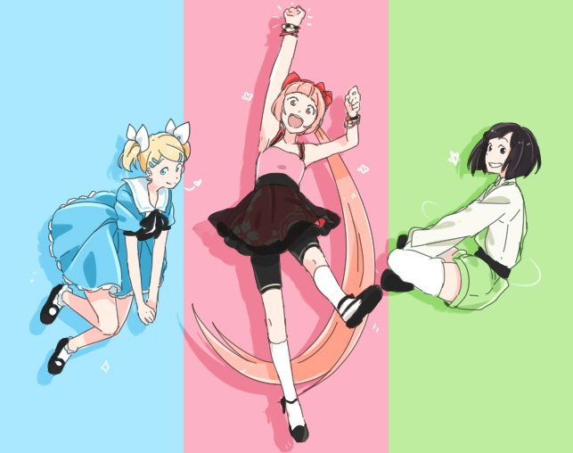 absurdly_long_hair arm_up blonde_hair blossom_(ppg) blossom_(ppg)_(cosplay) blue_dress blue_eyes bob_cut bow brown_eyes bubbles_(ppg) bubbles_(ppg)_(cosplay) buttercup_(ppg) buttercup_(ppg)_(cosplay) color_connection cosplay dress floating flower green_shorts grin hair_bow hair_ornament hairclip heart indian_style kagamine_rin kneehighs long_hair long_ponytail looking_at_viewer mary_janes multicolored multicolored_background multiple_girls nekomura_iroha pink_eyes pink_hair ponytail powerpuff_girls shoes short_hair short_twintails shorts shorts_under_skirt simple_background sitting skirt smile socks star thighhighs tod-mugi twintails very_long_hair vocaloid white_legwear yumemi_nemu_(vocaloid)