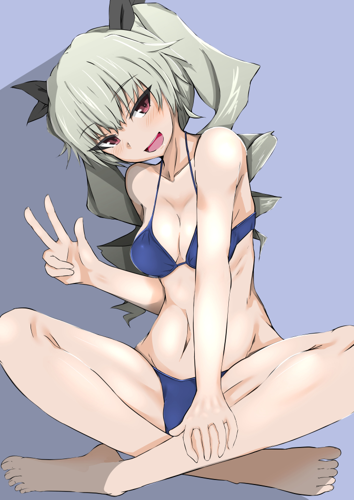 :d anchovy bikini black_ribbon blue_background blue_bikini blush breasts cleavage drill_hair eyebrows_visible_through_hair girls_und_panzer green_hair hair_ribbon hand_on_own_leg indian_style long_hair looking_to_the_side medium_breasts navel ngc20701 open_mouth red_eyes ribbon simple_background sitting smile solo swimsuit twin_drills twintails v