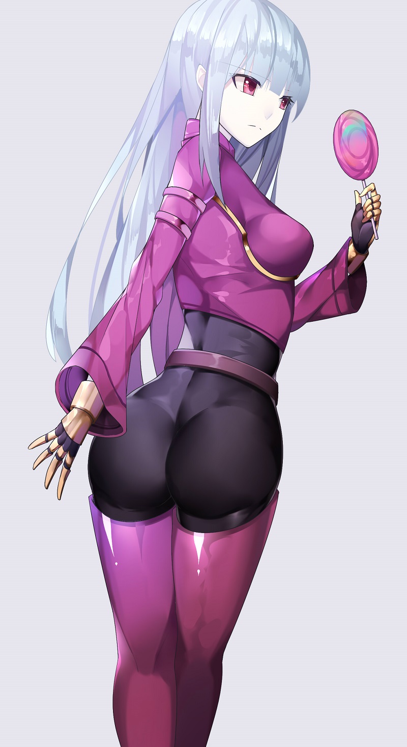 1girl artist_request ass blue_hair bodysuit breasts candy expressionless from_behind gloves jacket king_of_fighters kula_diamond lollipop long_hair red_eyes shiny shiny_clothes shiny_hair sideboob skin_tight snk solo the_king_of_fighters very_long_hair