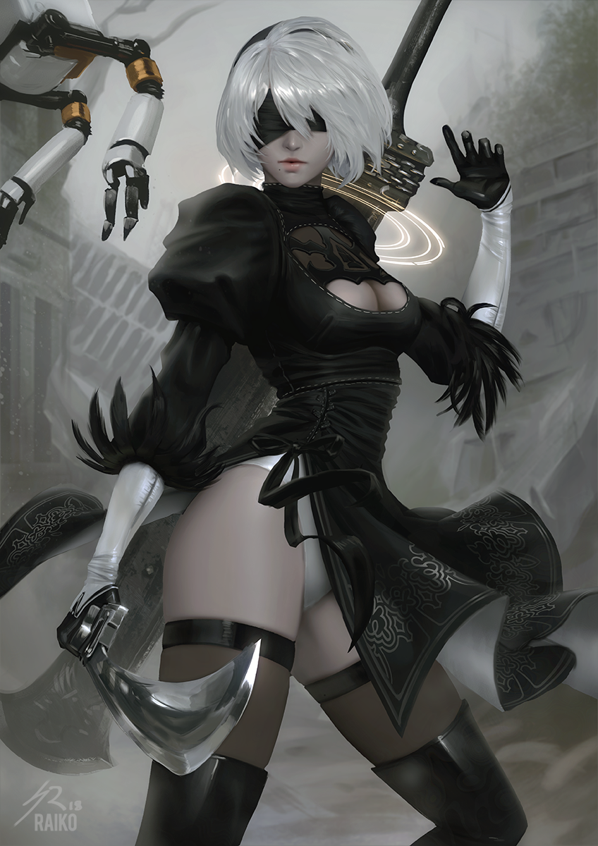 black_dress black_hairband blindfold boots buster_sword cleavage_cutout commentary covered_eyes dress facing_viewer feather-trimmed_sleeves hairband high_heel_boots high_heels highres holding holding_sword holding_weapon juliet_sleeves leotard long_sleeves mole mole_under_mouth nier_(series) nier_automata pink_lips pod_(nier_automata) puffy_sleeves raikoart silver_hair standing sword thigh_boots thighhighs thighhighs_under_boots vambraces weapon white_leotard yorha_no._2_type_b