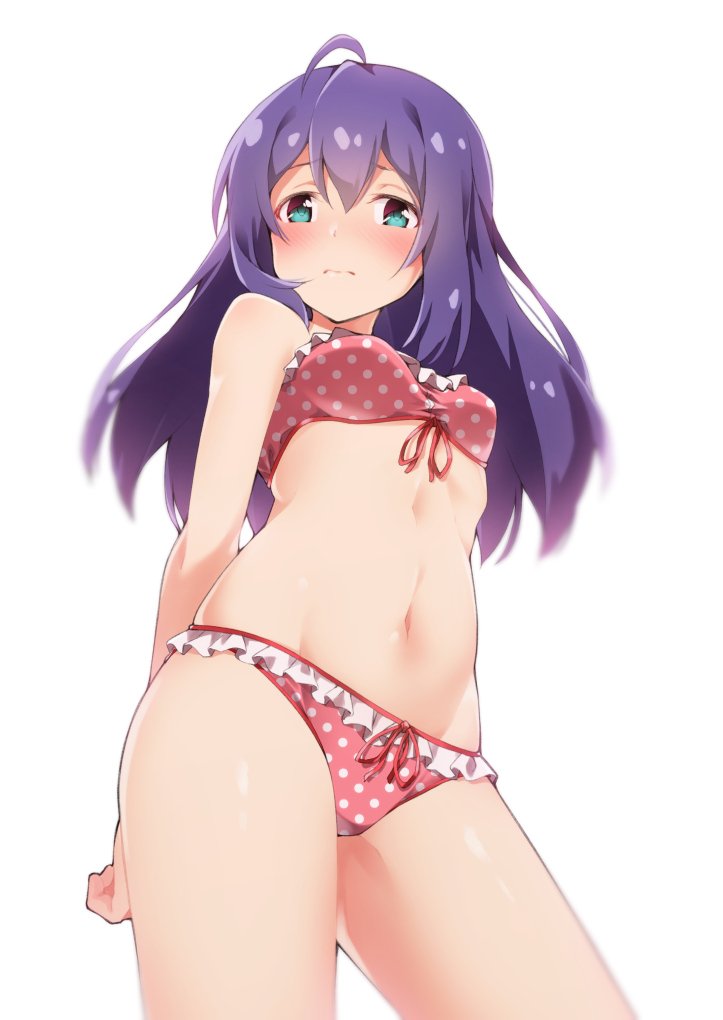 ahoge arms_behind_back blue_eyes blush breasts closed_mouth contrapposto cowboy_shot flipped_hair idolmaster idolmaster_million_live! long_hair looking_at_viewer mochizuki_anna navel polka_dot polka_dot_swimsuit purple_hair red_swimsuit simple_background small_breasts solo standing swimsuit tareme white_background yuukyan_(ucan85)