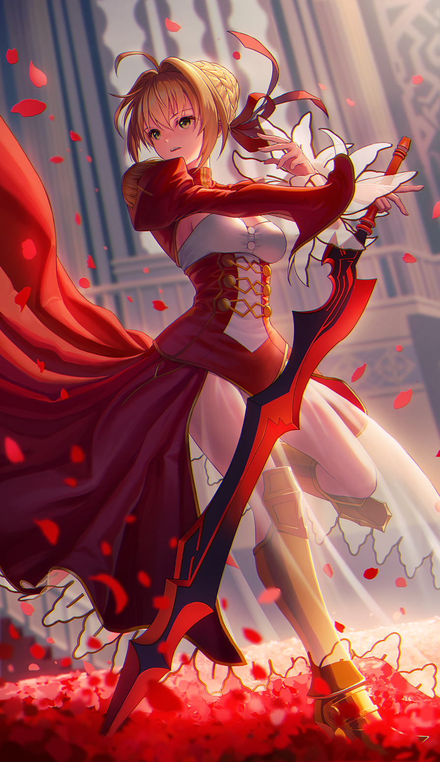 aestus_estus ahoge blonde_hair breasts cleavage epaulettes fate/extra fate_(series) green_eyes hair_ribbon highres holding holding_sword holding_weapon long_sleeves looking_to_the_side medium_breasts nero_claudius_(fate) nero_claudius_(fate)_(all) petals red_ribbon ribbon short_hair sion_(9117) solo standing standing_on_one_leg sword weapon