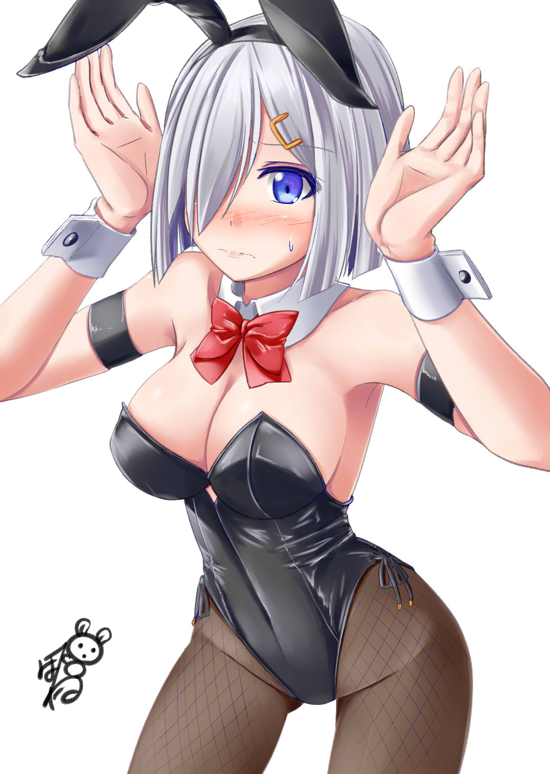 animal_ears armband ass_visible_through_thighs ayakase_hotaru black_legwear black_leotard blue_eyes bob_cut bow bowtie breasts bunny_ears bunny_pose bunnysuit cleavage cowboy_shot detached_collar fishnet_pantyhose fishnets hair_over_one_eye hamakaze_(kantai_collection) highres kantai_collection large_breasts leotard pantyhose red_neckwear short_hair silver_hair simple_background solo strapless strapless_leotard white_background wrist_cuffs