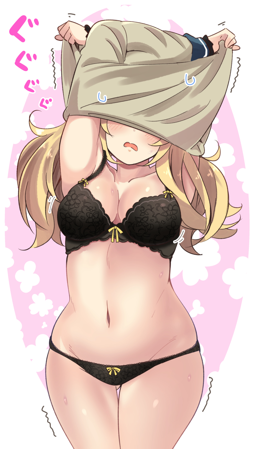 armpits arms_up ass_visible_through_thighs black_bra black_panties blonde_hair blush bra breasts cleavage collarbone commentary_request gambier_bay_(kantai_collection) highres kantai_collection lace lace-trimmed_bra lace-trimmed_panties lingerie long_hair low_twintails medium_breasts motion_lines navel open_mouth panties solo standing stomach suzuki_toto sweatdrop thigh_gap thighs trembling twintails two-tone_background underwear undressing white_background