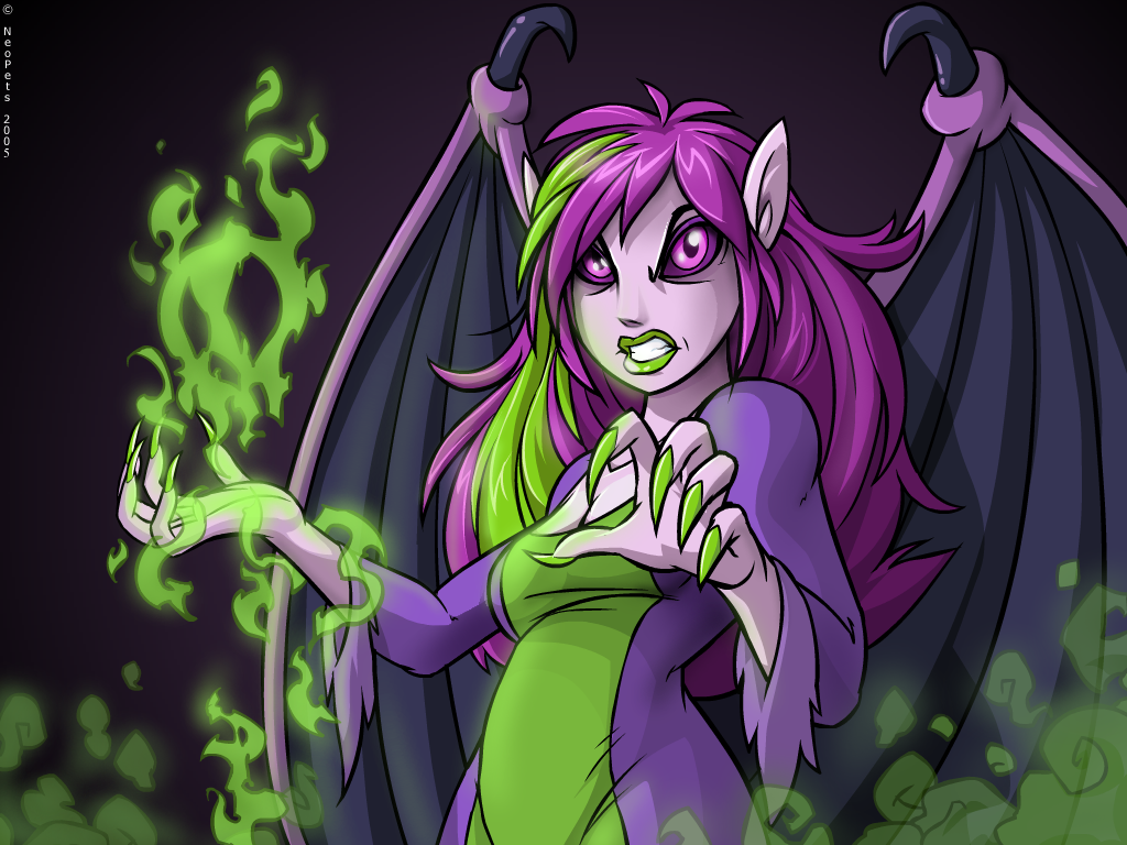 2005 breasts clothed clothing digital_media_(artwork) faerie_(neopets) female green_hair green_lips hair humanoid looking_at_viewer membranous_wings multicolored_hair neopets official_art purple_eyes purple_hair purple_sclera purple_skin purple_wings simple_background solo wings