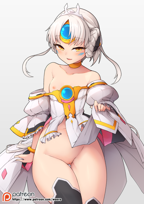 ass bare_shoulders black_legwear blush braid breasts chinese_commentary choker code:_empress_(elsword) collarbone commentary_request dress dress_lift dress_pull elsword eve_(elsword) facial_mark forehead_jewel french_braid lifted_by_self long_hair looking_at_viewer md5_mismatch nipples no_bra no_panties parted_lips patreon_username puffy_sleeves pussy simple_background small_breasts smile solo strapless strapless_dress thigh_gap thighhighs waero white_dress white_hair white_sleeves yellow_choker yellow_eyes