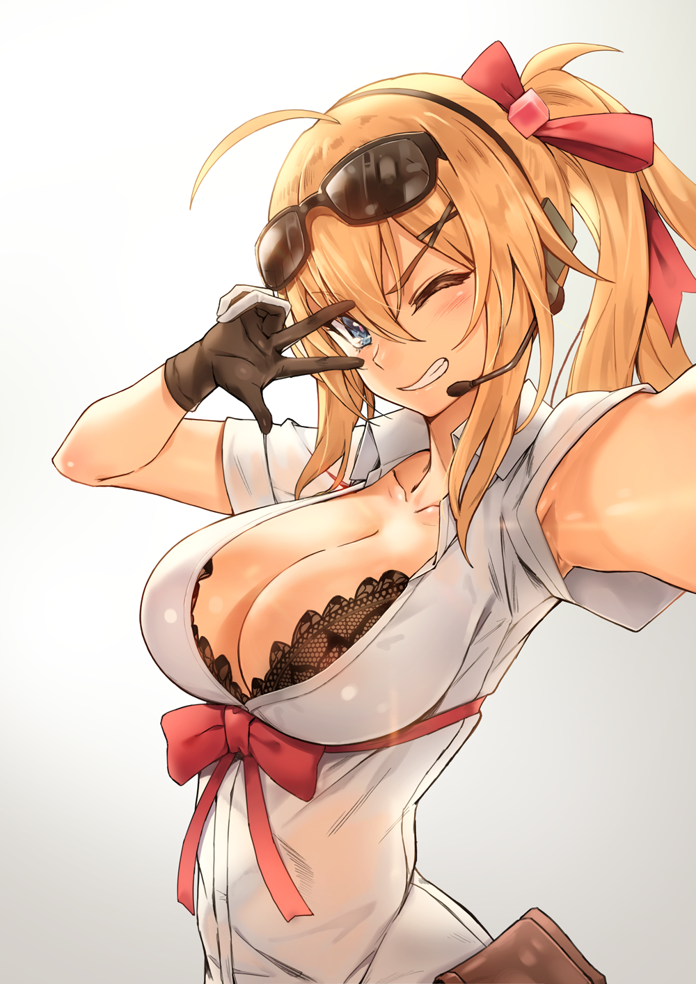 ;d ahoge armpit_peek arms_up bangs black-framed_eyewear black_bra blonde_hair blue_eyes blush bow bra breasts brown_gloves cleavage collared_shirt eyebrows_visible_through_hair eyewear_on_head girls_frontline gloves gradient gradient_background grin hair_between_eyes hair_ornament hair_ribbon hairclip headset highres kalina_(girls_frontline) large_breasts long_hair looking_at_viewer one_eye_closed open_mouth outstretched_arm ponytail pouch rainmaker reaching_out red_bow red_ribbon ribbon self_shot shirt smile solo sunglasses teeth underwear upper_body v-shaped_eyebrows v_over_eye white_background white_shirt wing_collar x_hair_ornament
