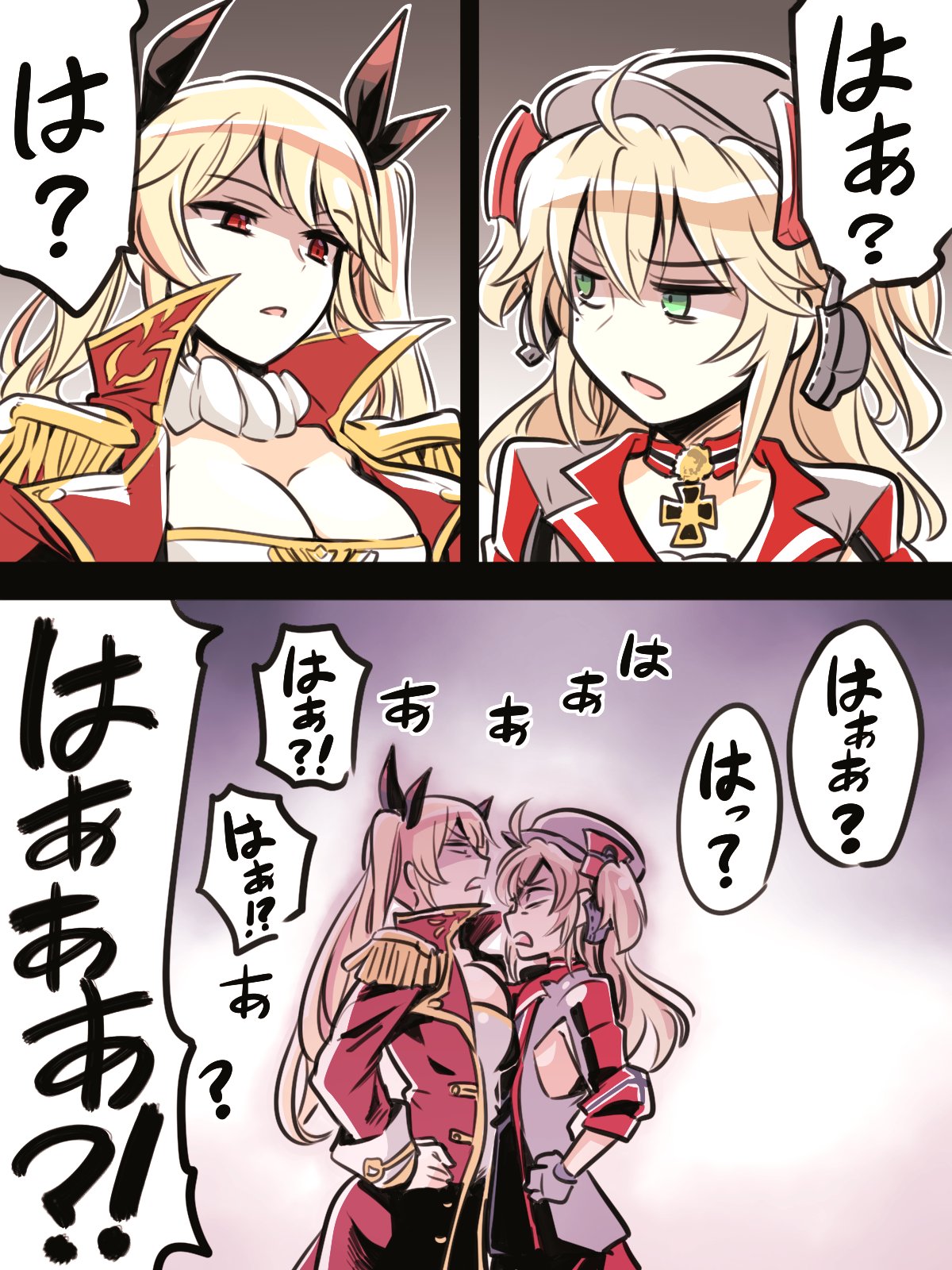 admiral_hipper_(azur_lane) ahoge asymmetrical_docking azur_lane blonde_hair breast_press breasts cleavage comic commentary epaulettes green_eyes hat highres iron_cross ishiyumi long_hair multiple_girls nelson_(azur_lane) peaked_cap red_eyes speech_bubble translated twintails two_side_up