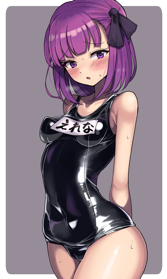 :o arms_behind_back black_ribbon black_swimsuit blush breasts eyebrows_visible_through_hair fate/grand_order fate_(series) grey_background hair_ribbon helena_blavatsky_(fate/grand_order) impossible_clothes impossible_swimsuit motsuaki name_tag one-piece_swimsuit purple_eyes purple_hair ribbon school_swimsuit short_hair small_breasts solo sweat swimsuit