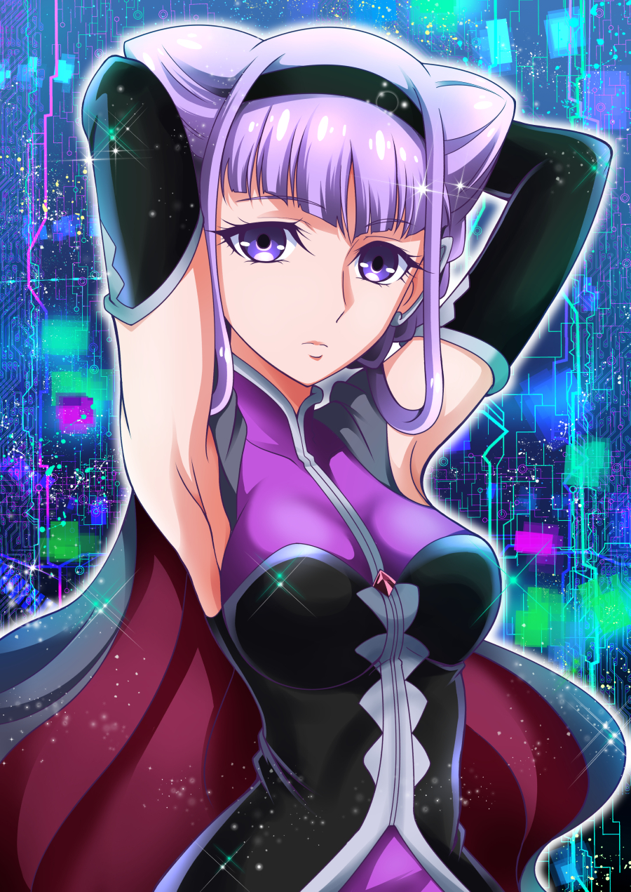abstract_background armpits arms_behind_head black_hairband blue_background cape closed_mouth double_bun expressionless hair_rings hairband hanzou highres hugtto!_precure looking_at_viewer precure purple_eyes purple_hair ruru_amour short_hair solo upper_body