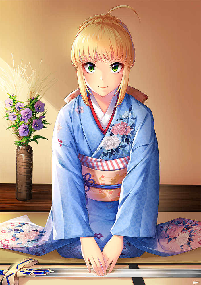 ahoge artoria_pendragon_(all) blue_kimono excalibur fate/stay_night fate_(series) flower full_body green_eyes indoors japanese_clothes kashi_kosugi kimono looking_at_viewer obi on_floor own_hands_together saber sash seiza sitting smile solo sword tatami v_arms weapon wide_sleeves