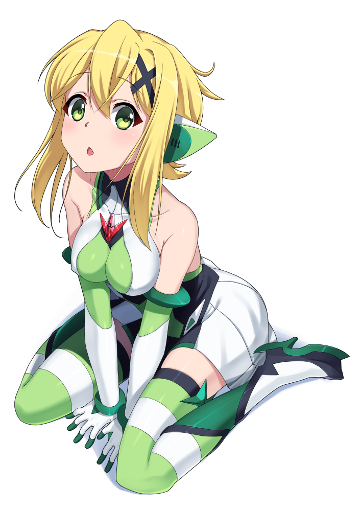 akatsuki_kirika bare_shoulders blonde_hair blush boots breasts collarbone commentary covered_navel covered_nipples elbow_gloves eyebrows_visible_through_hair full_body gloves green_eyes green_footwear hair_between_eyes hair_ornament headphones high_heel_boots high_heels looking_at_viewer medium_breasts open_mouth senki_zesshou_symphogear shiny shiny_hair shiny_skin short_hair sidelocks simple_background sitting skindentation skirt solo striped striped_legwear symphogear_pendant tsukamoto_kensuke wariza white_background white_gloves white_skirt x_hair_ornament