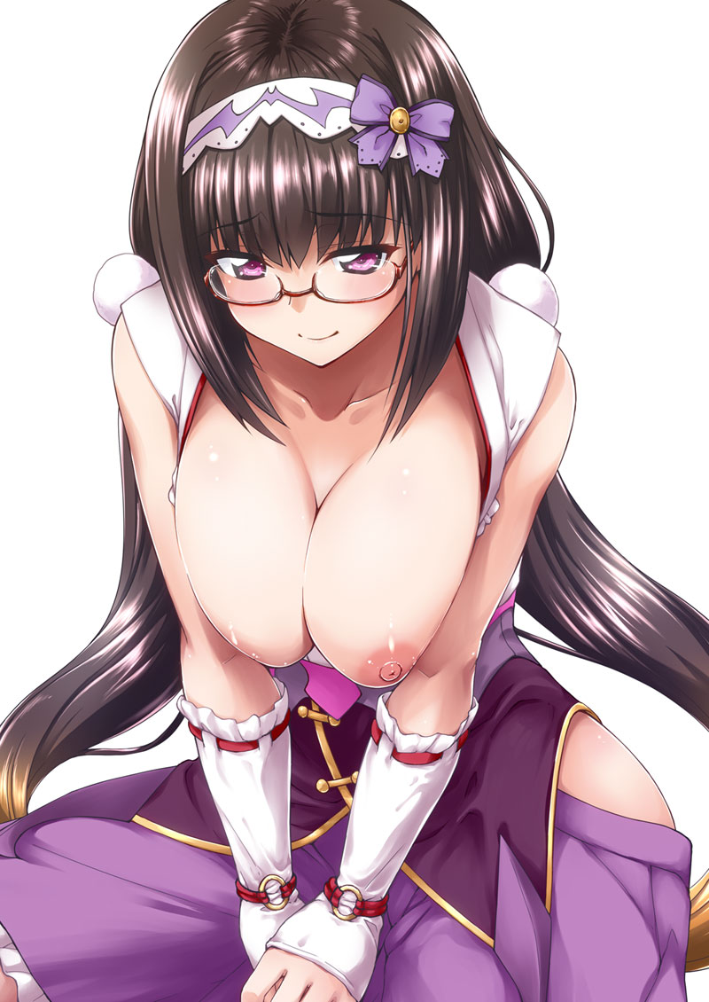 arm_warmers blush bow breast_squeeze breasts brown_hair collarbone eyebrows_visible_through_hair fate/grand_order fate_(series) frilled_skirt frills glasses hair_bow hairband japanese_clothes large_breasts long_hair low_twintails mikagami_sou nipples open_clothes osakabe-hime_(fate/grand_order) purple_eyes purple_skirt red-framed_eyewear semi-rimless_eyewear shiny shiny_hair simple_background skirt smile solo twintails under-rim_eyewear very_long_hair white_background