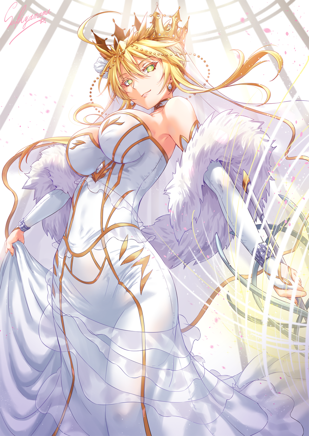 ahoge artist_name artoria_pendragon_(all) artoria_pendragon_(lancer) bangs bare_shoulders bracelet breasts bridal_gauntlets bridal_veil chain choker commentary_request crown detached_sleeves dress earrings eyebrows_visible_through_hair eyelashes fate/grand_order fate_(series) green_eyes hair_between_eyes highres hips jewelry lance large_breasts looking_at_viewer polearm rhongomyniad sakiyamama sidelocks signature smile solo veil weapon white_dress