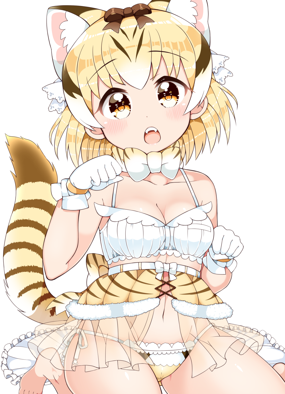 animal_ears bare_shoulders blonde_hair bow bowtie bra breasts cat_ears cat_tail commentary_request extra_ears fangs highres kanjitomiko kemono_friends lingerie looking_at_viewer medium_breasts navel open_mouth orange_eyes panties paw_pose sand_cat_(kemono_friends) sand_cat_print see-through short_hair solo striped_tail tail tail_raised underwear white_background white_bra