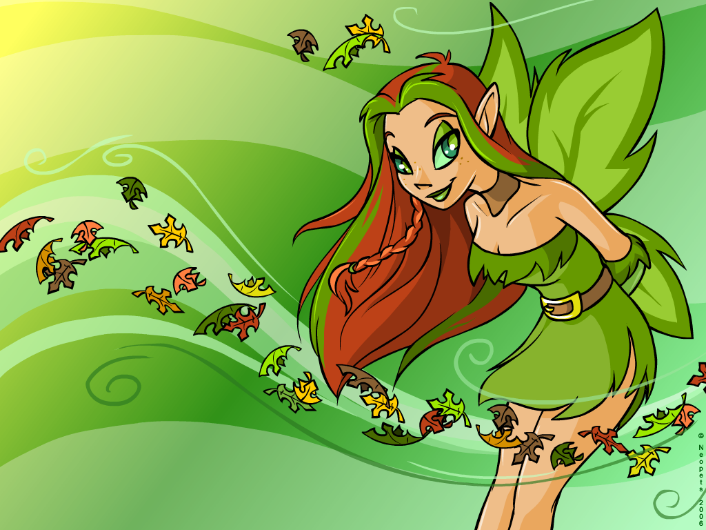 2006 4:3 abstract_background belt breasts brown_hair choker clothing digital_media_(artwork) dress faerie_(neopets) female freckles green_eyes green_hair green_lips green_pupils green_sclera green_wings hair humanoid illusen leaf looking_at_viewer multicolored_hair neopets not_furry official_art smile solo winged_humanoid wings