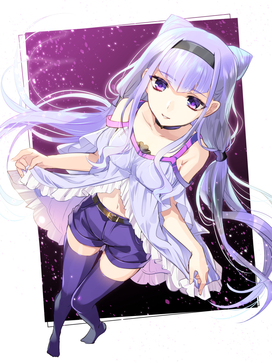 black_hairband blouse choker collarbone double_bun full_body hairband highres hugtto!_precure long_hair looking_at_viewer low-tied_long_hair precure purple purple_background purple_eyes purple_hair purple_legwear purple_shorts ruru_amour shorts smile solo thighhighs twintails tyuraba white_blouse