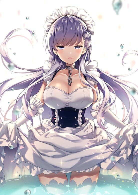 apron azur_lane bangs belfast_(azur_lane) blue_eyes blush braid breasts chain cleavage collar collarbone commentary dress eyebrows_visible_through_hair floating_hair french_braid frilled_gloves frills gloves hair_between_eyes large_breasts light_particles long_hair looking_at_viewer maid maid_headdress open_mouth riichu sidelocks silver_hair skirt_hold smile solo sparkle standing thighs very_long_hair wading water_drop white_gloves white_legwear