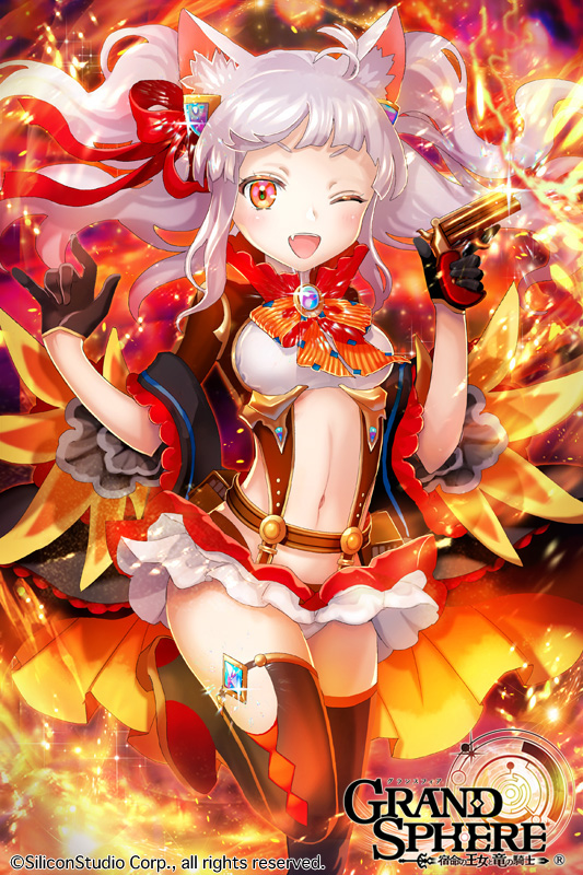 ;d animal_ears black_gloves black_legwear breasts brooch cat_ears copyright_name fire gloves grand_sphere gun hair_ornament jewelry kuroi midriff navel official_art one_eye_closed open_mouth outdoors red_eyes red_skirt silver_hair skirt small_breasts smile standing standing_on_one_leg weapon